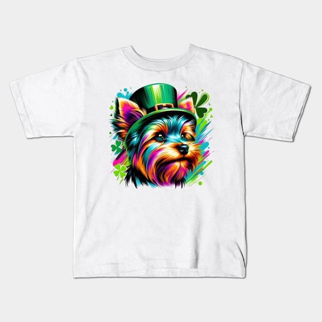 Yorkshire Terrier in Leprechaun Hat for St Patrick's Day Kids T-Shirt by ArtRUs